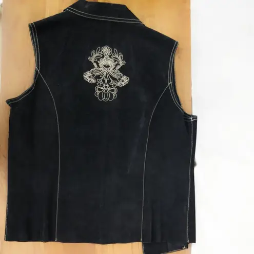 Coldwater Creek Genuine Suede Leather Black Ladies' Embroidered Open Vest Large