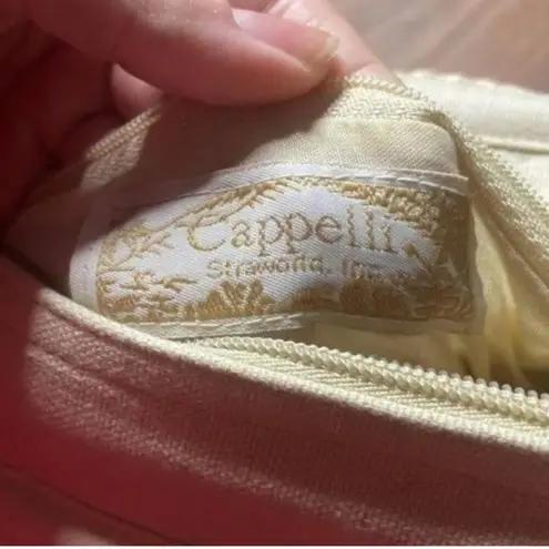 EUC capelli straw Rattan brown handled polka dot, purse bag Blue