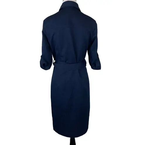 Sharagano Womens Navy Blue Belted Shirt Dress Roll-Up Sleeves Size 4