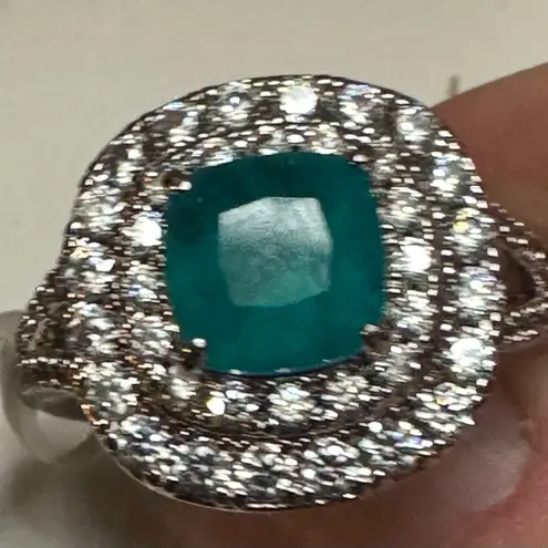 Ring Bomb Party Sz 7RBP Halo W/Green Ice Crystal Rhodium P Costume Jewelry Silver