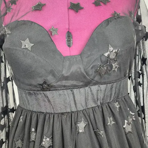Women Sequin Star Print Black Tulle Dress Mesh See