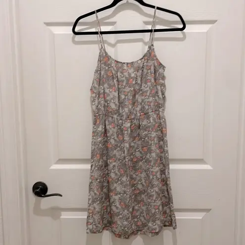 Hinge Gray Floral with Orange Flowers Spaghetti Strap Gathered Waist Silk Dress