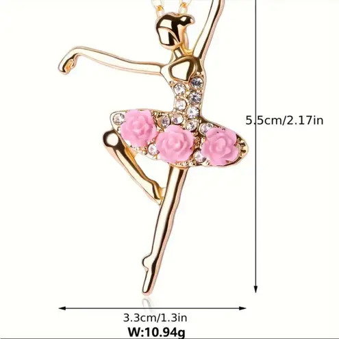 Gold Ballerina Pendant Necklace Pink Rose Tutu, Crystal Accents, Elegant Gift