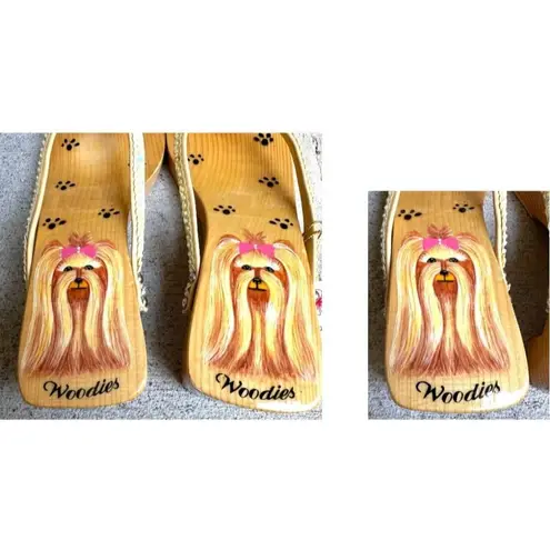 Woodies Yorkie Sandals Size 6 Heels Paw Print Throngs Long Hair Dog Pet READ Tan