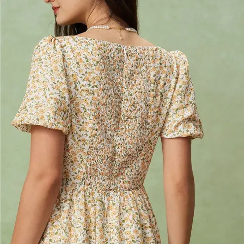 Rihoas Yellow Floral Puffed Sleeve Midi Dress Size XS