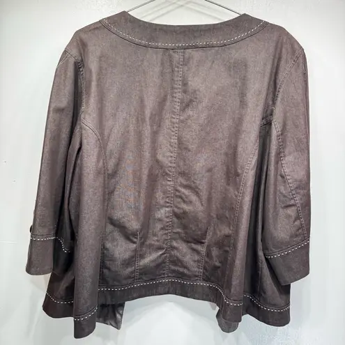 CJ Banks Brown Open Front Topper Jacket Beige Stitching Buttons on 3/4 Sleeves Size 2X