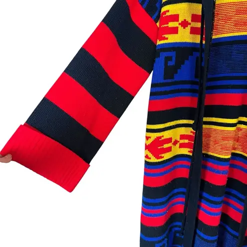 VTG 70s Colorful Long Knit Acrylic Sweater Southwest Aztec Retro Sz L Hood Boho Blue Size L