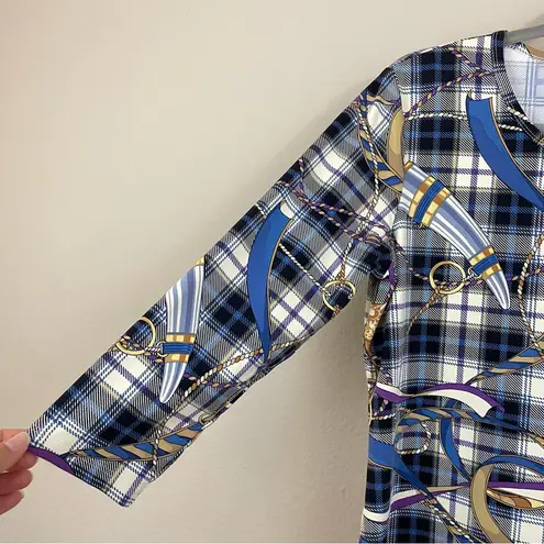 J. McLaughlin Equestrian Plaid Print Signature Tee Size Large