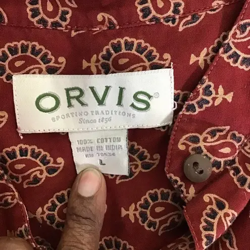 Orvis Long sleeve pattern button up band collar long sleeve Tunic shirt Sz. LRG