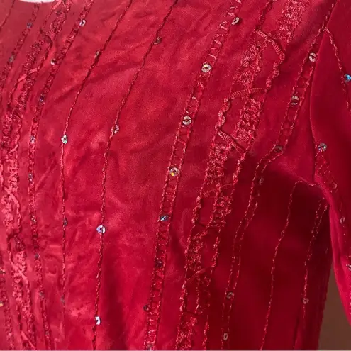 Pretty Red on Red Tie Dye Popover Top Sequin Embellishment Silky 3/4 Sleeve