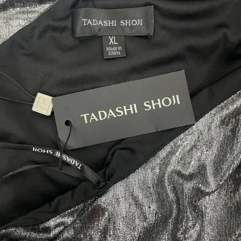 Tadashi Shoji Copley Shoulder Drape Lame Gown Silver Steel Size XL