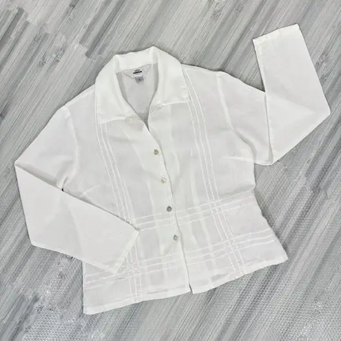 AKS Amy K Su Tencel Shirt Sheer Crop Button Front Pintuck Check White Small