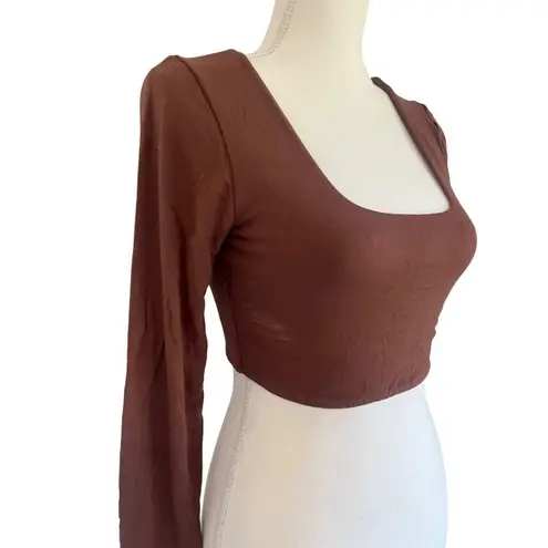RE ONA Square Neck Crop Top in Chocolate Large New Womens Long Sleeve Blouse Brown