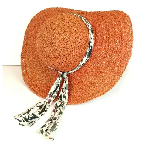 Paul Smith Women Coral Raffia Straw Sun Hat Floppy Wide Brim Silk Band Sz L Pool Size L