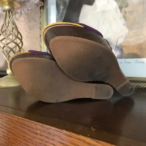 Schutz "CASEY" PURPLE AND YELLOW SUEDE PLATFORM ANKLE STRAP WEDGE HEELS (7)