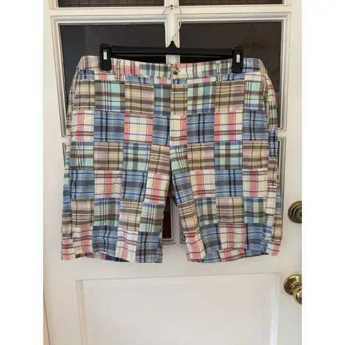 LL Bean Chino Shorts Madras Size 18 Favorite Fit Blue Patchwork Plaid Cotton