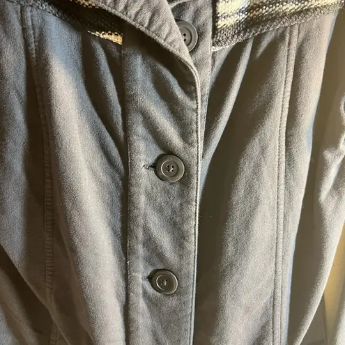 prAna Grey Coat with Striped Collar, stripe details at collar and cuffs, longer