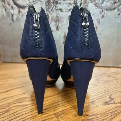 Velvet Angels | Platinum Blue Leather Ruched Front Island Platform Heels Size 9