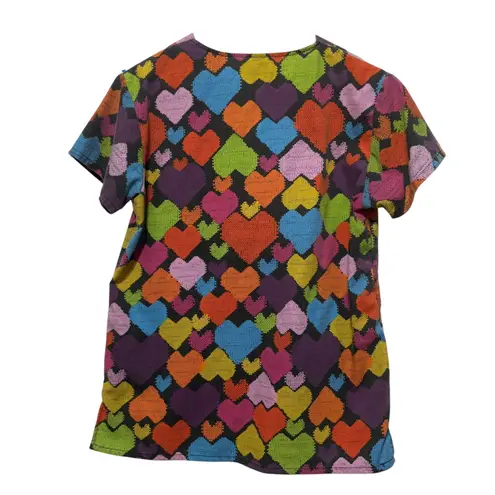Just Love Women Scrub Top S Multicolor Heart Print Nurse Medical Uniform Pockets