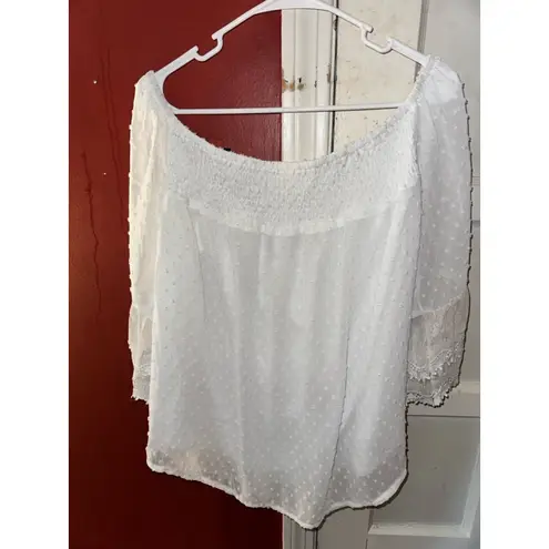 Off the Shoulder Eyelet 3/4 Sleeves Loose Fit Peasant Blouse White Size XL