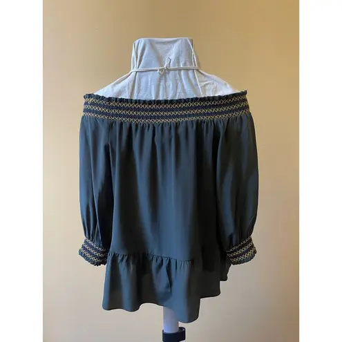 Whistles Off Shoulder Mandy Silk Cropped Boho Bardot Peplum Top Olive Size 2