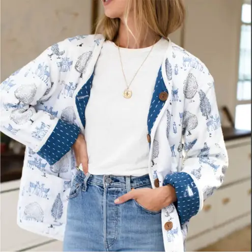 Emerson Fry Reversible Quilted Jacket Twin Fawn Organic Cotton Blue Large EUC