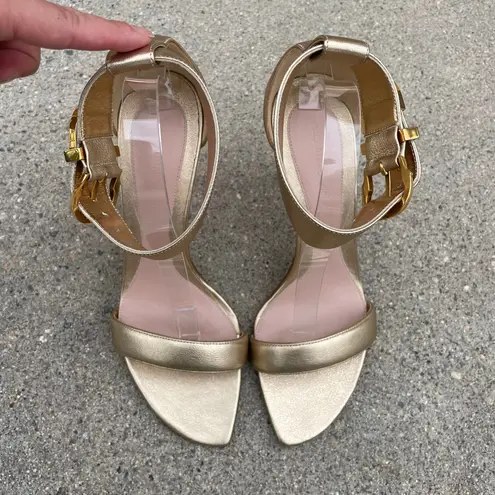 Alexander McQueen jeweled buckle gold leather high heel ankle strap sandal IT 40