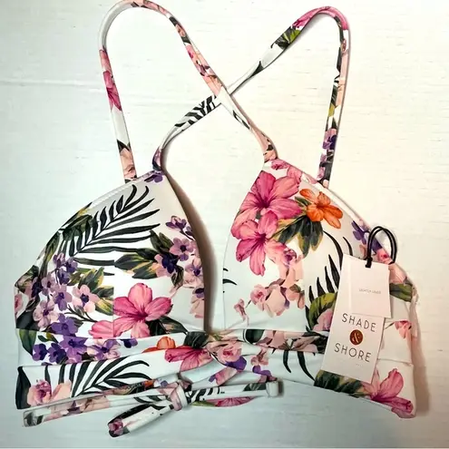 Shade & Shore  Lightly Lined Twist-Front Plunge Tropical Print Bikini Top 34B NEW