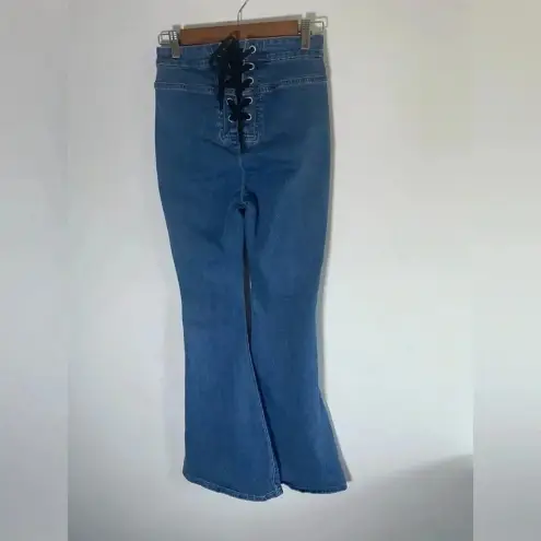 SheIn Extreme Flare Bell Bottom Jeans‎ Corset Lace Tie Sz 28x32 EUC 0196