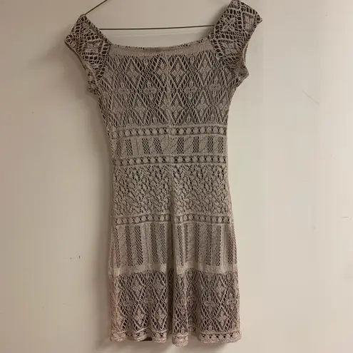 Vintage Y2K Monster Girl Crochet Beige Square Neckline Mini Dress size S Tan