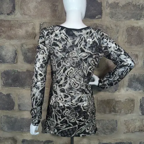 BKE Top Woman's XL Mesh Sheer Floral Long Sleeve Black White