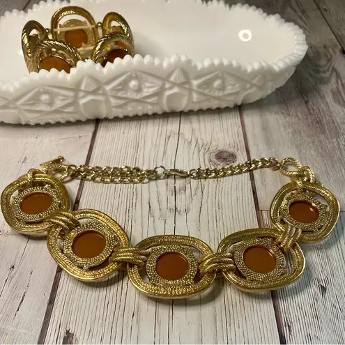 Vintage Mika Gold And Amber Colored Statement Necklace and Bracelet Set