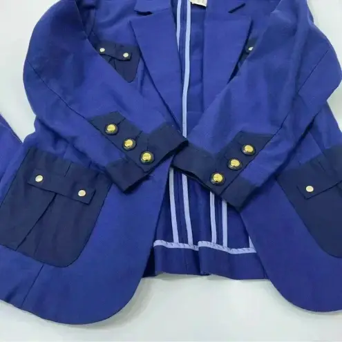 CAbi  Blue Canvas Blazer Gold Button Accents Set Size 6 Skirt 8