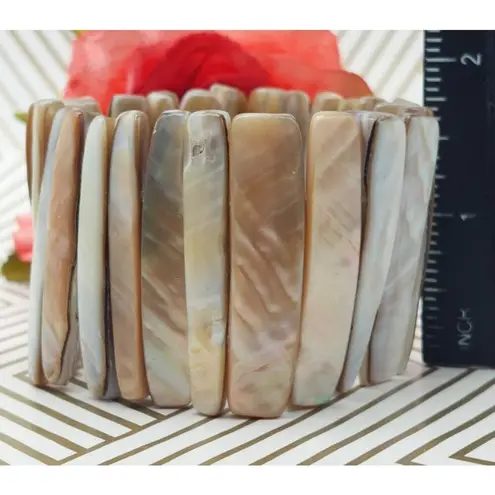 Bohemian White & Brown Neutral Abalone Shell Wide Stretch Bracelet Beach Nature Tan