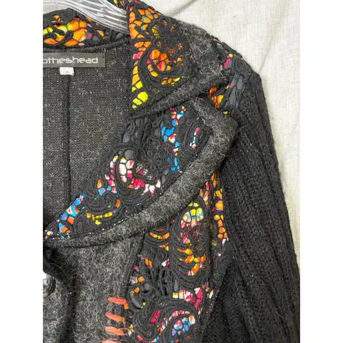 Clotheshead Black Gray Multicolor Knit Wearable Art Patchwork Cardigan Coat L Size XL
