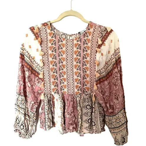 American Eagle Embroidered Balloon Sleeve Tassel Peasant Patchwork Peplum Top XS Pink