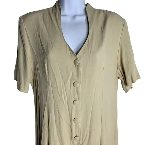 Buttons Vintage Wide Leg Cropped Jumpsuit L Beige  V Neck Short Sleeve Tie Waist