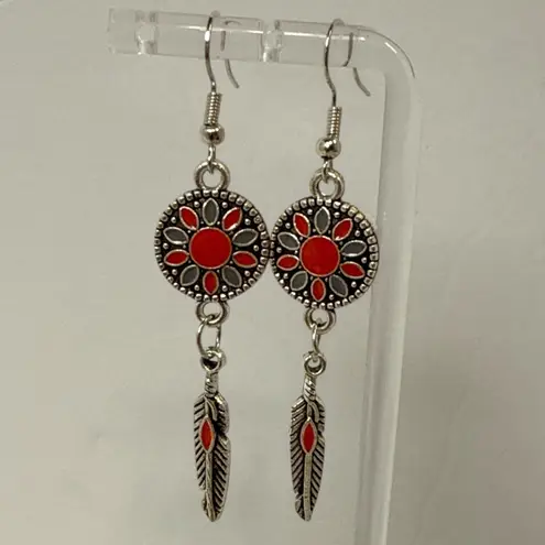 Silver & Red Boho Feather Dangle Earrings Western Mandala Drop Design