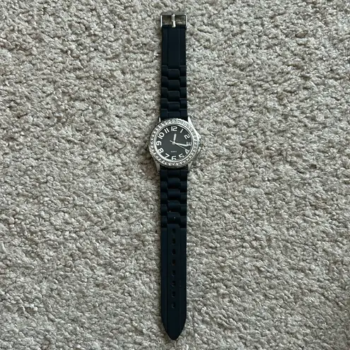 Accutime women’s‎ vintage silver/black crystal adjustable rubber bracelet watch Black