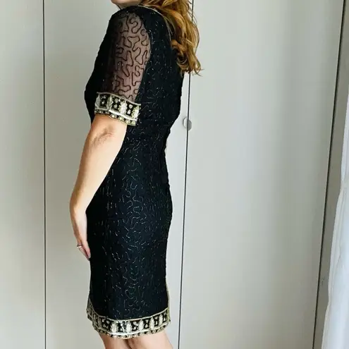 Vintage 80s Silk Beaded Sheath Dress, Formal, Black Tie Cocktail Kazar Blk/Gld Size 6