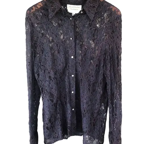New Vintage Y2K crystal button down sheer lace top Holiday cocktail party glam Blue Size 14