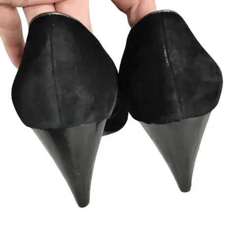 PETRA Black Pumps Suede Silver Leather Trim Cone Heels Almond Toe Italy 7.5 EUC