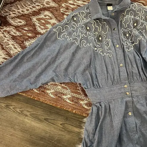 Vintage Chambray Squiggle Embellished Coverall Jumpsuit Blue Size 12