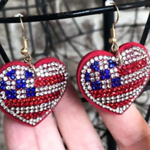 Patriotic Rhinestone Earrings Heart Labor Day July 4th Veterans Memori…