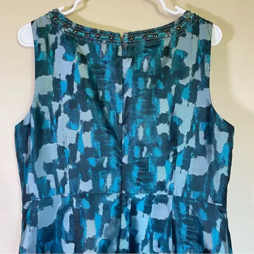 Tahari  ARTHUR S LEVINE Size 12 Teal Jewels Neckline Metallic‎ Jacquard Dress