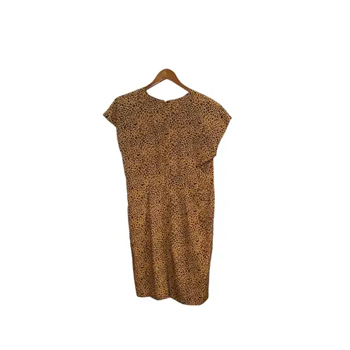 Vintage 80s 90s Leopard Print Midi Dress Shoulder Pads Capped Sleeve Black Size 14