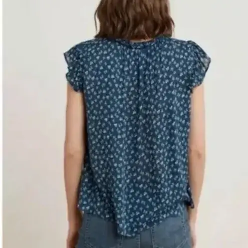 Velvet by Graham & Spencer Navy Floral Ruffle Top Shirt Blouse Womens M Medium Blue