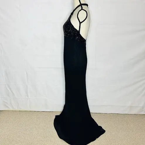 Cache  Silk Gown Dress Women's Size 8 Black Beaded Halter Neck Vintage