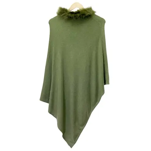 NWT La Marey 100% Cashmere Poncho Sweater Faux Fur Trim One Size Olive Green NEW