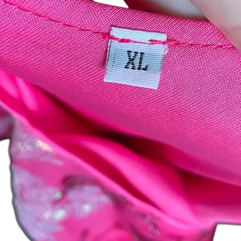 Pink Silver Sequin Embroidered Floral Preppy Barbie Glam Party Midi Dress Size XL